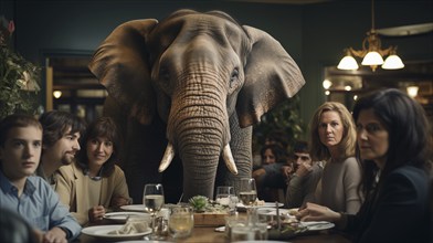 Group of family and friends at the dinner table ignoring the elephant in the room. generative AI