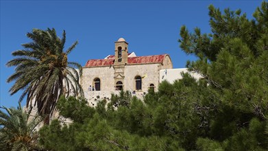 Church, red roof, close, palm tree, tree, blue sky, Chrissoskalitissa, rock monastery, Orthodox