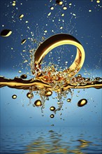 Golden ring falls into the water with splashes, drops and reflections, AI generated