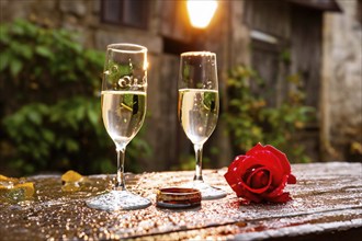 Red roses, golden rings and glasses of wine on an old wooden table, AI generated