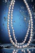 Pearl necklace in the water with splashes, drops and reflections, AI generated