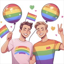 LGBT concept gay couple holds pride rainbow flag and balloons. AI generated