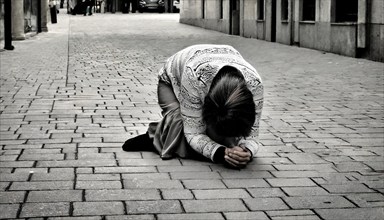 Social hardship, Torn beggar woman with poor clothes in humble posture kneeling on the street, KI