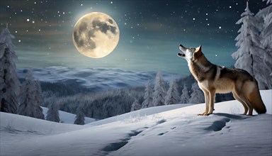 A wolf in a winter landscape howls at the full moon, AI generated