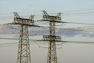 Power pylons, high-voltage lines, Germany, Europe