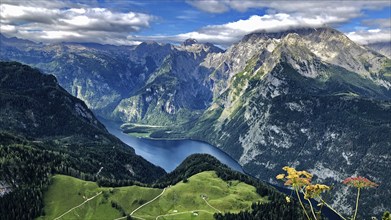 View of the Königssee, The Königsblick, Watzmann, most dominant mountain range of the Berchtesgaden