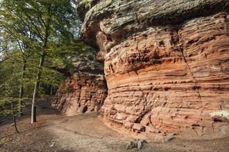 Old castle rock, red sandstone rock formation, natural and cultural monument, Brechenberg near