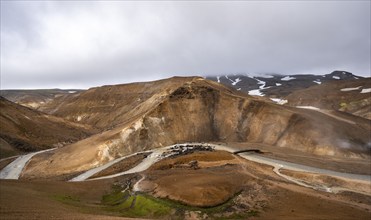 Steaming streams between colourful rhyolite mountains, Hveradalir geothermal area, Kerlingarfjöll,