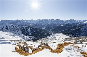 View of snow-covered mountain peaks, mountain panorama, summit of Schafreuter in winter, Karwendel,