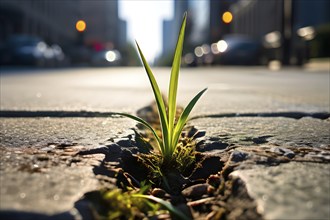 A single blade of grass pushing through a crack in a concrete sidewalk, representing the simplicity