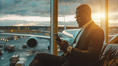 Black businessman waiting in the airport for plane while checking messages and emails on his phone,