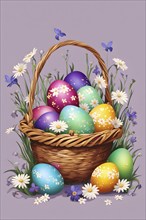 Abstract illustration of of vibrant-colored Easter eggs in a wicker basket, surrounded by delicate