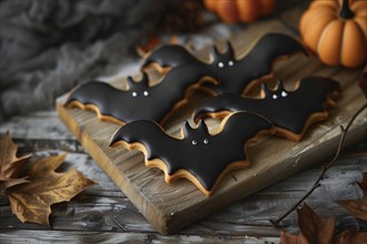 Cute Halloween cookie in shape of bat with black glazing. Generative Ai, AI generated