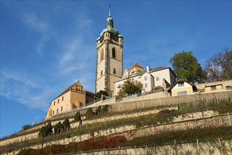 Church with surrounding buildings on a vineyard hill, on a clear day, Melnik Castle, Church of St