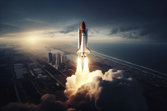 Aerial view of a rocket shuttle carrier launch at sunrise over an ocean coast. The rocket is