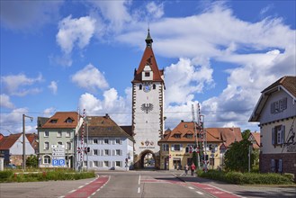 Kinzigtor town gate with gated railway crossing and road in Gengenbach, Black Forest, Ortenaukreis,