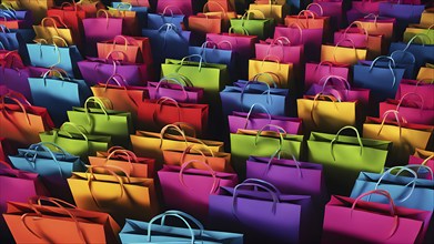 Assorted vibrant shopping bags lined up, AI generated