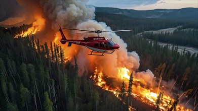 Firefighter helicopter combating forest fire dispersing water over the inferno, AI generated