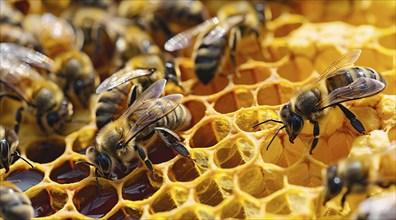 Bees gathering natural honey in beehive, AI generated