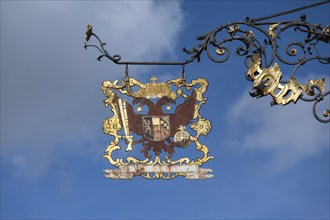 Nose shield with double eagle of a historic restaurant, Rottweil, Baden-Württemnerg, Germany,