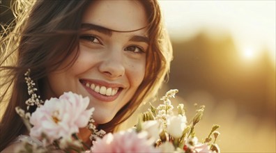 Young attractive happy smiling woman with bouquet of flowers on a romantic date, AI generated