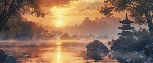 Buddhist pagoda at scenic sunset. Concept of religion and enlightenment while practicing religion.,