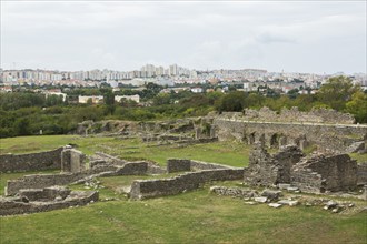 High angle view of old stone wall structures at ancient 3rd century Roman ruins of Salona near