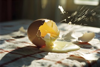 Cracked egg partially spilled on a checkered tablecloth, AI generated