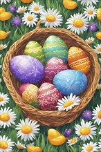 Abstract illustration of of vibrant-colored Easter eggs in a wicker basket, surrounded by delicate