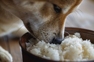 Dog eating light food rice out of bowl. Generative Ai, AI generated