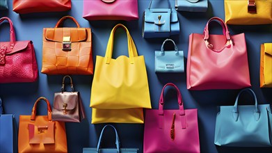 Assorted vibrant shopping bags lined up in front of a colored background, AI generated