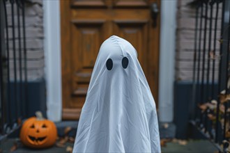 Child dressed up with Halloween ghost costumes to play trick or treat. Generative Ai, AI generated