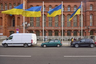 Flags of Ukraine in front of the Red Town Hall, Rathausstraße, Berlin, capital, independent city,