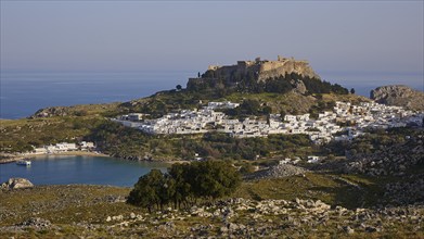 Evening light or late afternoon light, Acropolis and St John's Fortress of Lindos, Lindos village,