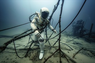 Futuristic humanoid robot entangled in submarine communication cables, AI generated