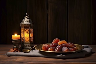 Ramadan lantern with a plate of succulent figs on dark background, set on an ornate table with