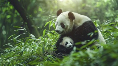 Cute giant panda with panda cub its natural habitat., AI generated