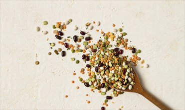 Wooden spoon, with an assortment of legumes, beans, peas, top view, on a light background