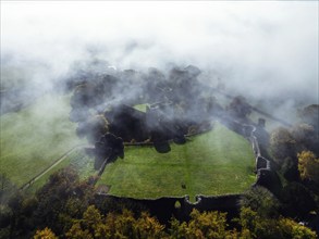 White Castle in the fog at dawn, Monmouthshire, Wales, England, United Kingdom, Europe