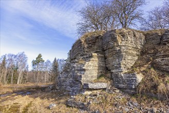 Old abandoned limestone quarry with steep rock walls, Sweden, Europe