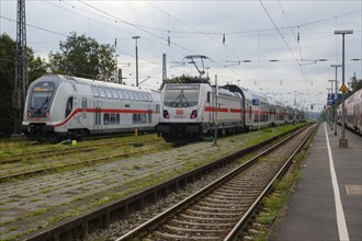 Two IC passenger trains stop at Norddeich station, Norden, East Frisia, Lower Saxony, Germany,