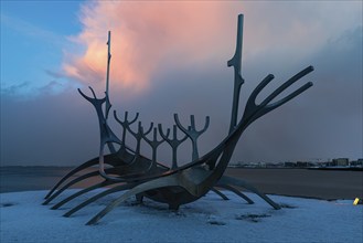 Viking Ship Sculpture at Sunset, Sun Voyager, Reykjavik, Reykjanes Peninsula, Sudurnes, Iceland,