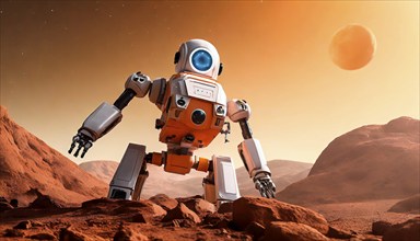 Science fiction, space travel, a robot exploring the planet Mars, AI generated