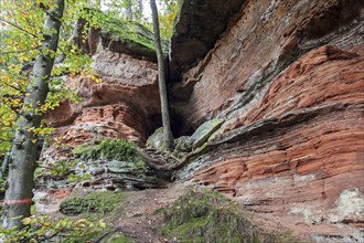 Old castle rock, red sandstone rock formation, natural and cultural monument, Brechenberg near