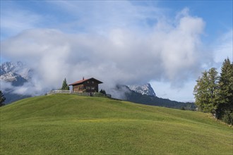 Hill with wooden house, Eckbauer, Werdenfelser Land, Garmisch-Partenkirchen, Upper Bavaria,