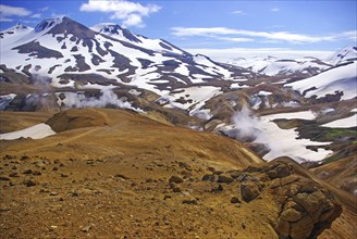 Snow-covered, volcanic landscapes, smoke and vapour drift over brown surfaces, highlands, fire and