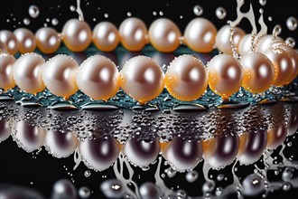 Pearl necklace in the water with splashes, drops and reflections, AI generated