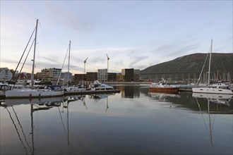 Boats and yachts, high bridge, calm summer evening, Troms og Finnmark, Norway, Europe