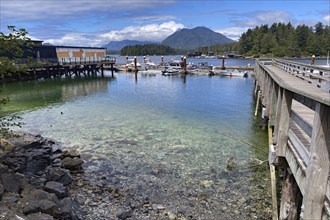 A crystal-clear bay and a wooden jetty with small boats, Tofino, Vancouver Island, British