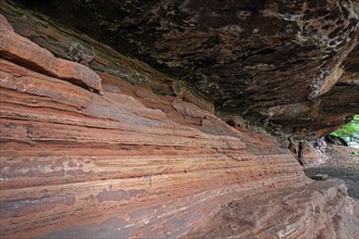 Old castle rock, red sandstone rock formation, natural and cultural monument, Brechenberg near